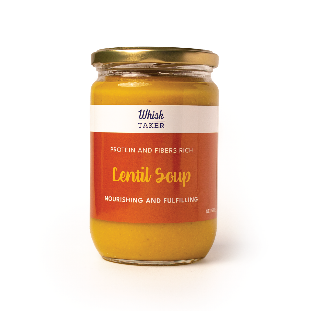 Jar of Whisk Taker Lentil Soup on a white background